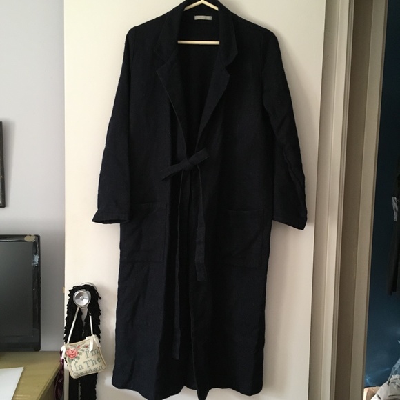 FOG LINEN WORK Japan Dark Blue Woven Linen + Wool Tie Front Coat S/M - Picture 1 of 8